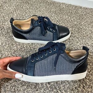 Christian Louboutin Louis Junior Orlato Flat Navy Blue Leather Sneakers Size 44